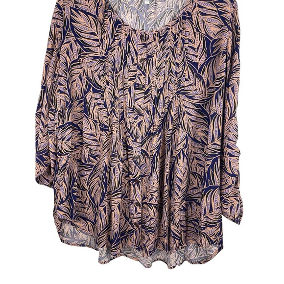 Avenue Women’s 26/28 Blouse Navy Tan Leaf Print Roll Tab Sleeve Viscose Boho Top - Picture 4 of 12